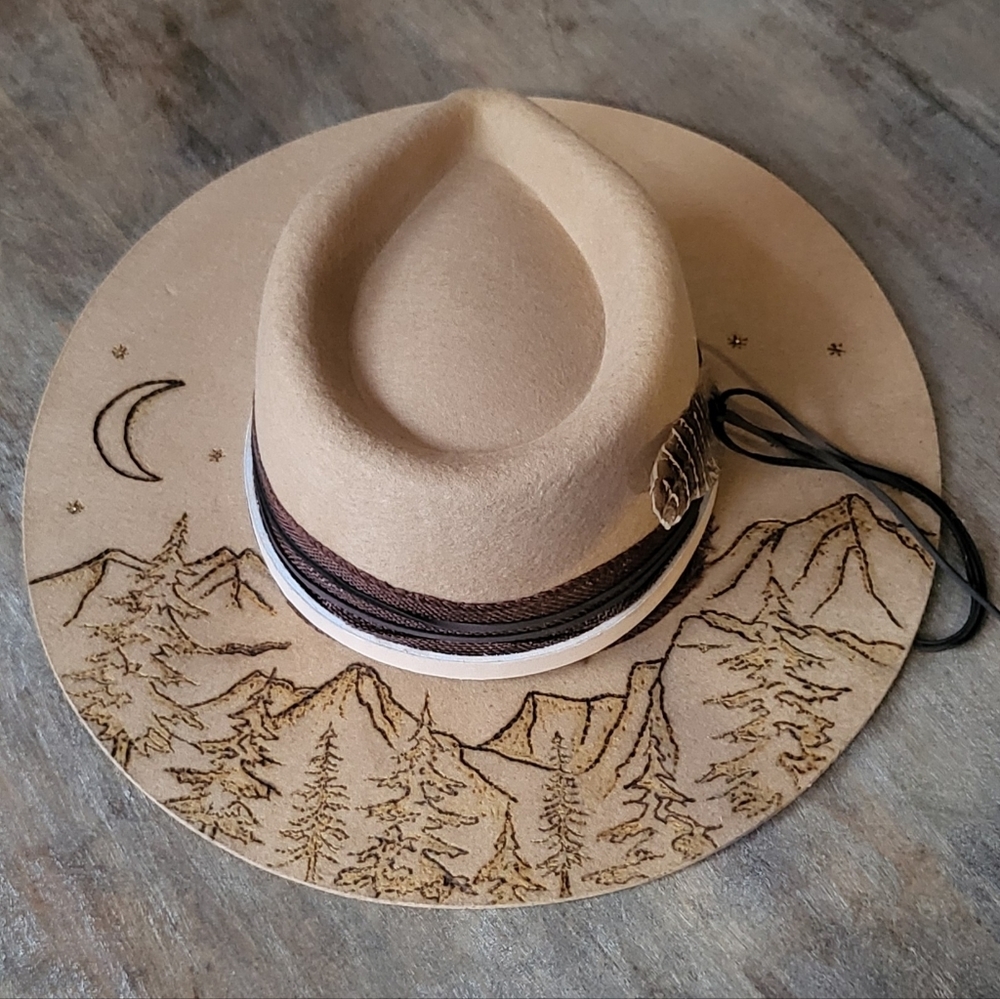 Australian wool burned fedora hat with rhinestones, leather hatband, feather